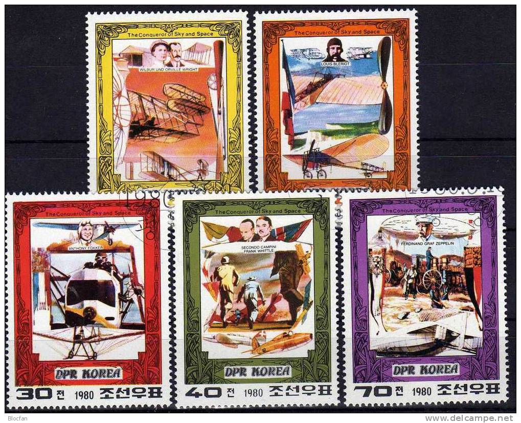 Flieger 1980 Korea 1997/1, Kleinbogen Plus Block 74 O 15€ Bleriot Wright Fokker Campini Zeppelin Bloc Sheet From Corea - Climat & Météorologie