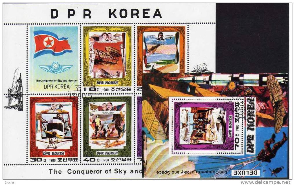 Flieger 1980 Korea 1997/1, Kleinbogen Plus Block 74 O 15€ Bleriot Wright Fokker Campini Zeppelin Bloc Sheet From Corea - Climat & Météorologie