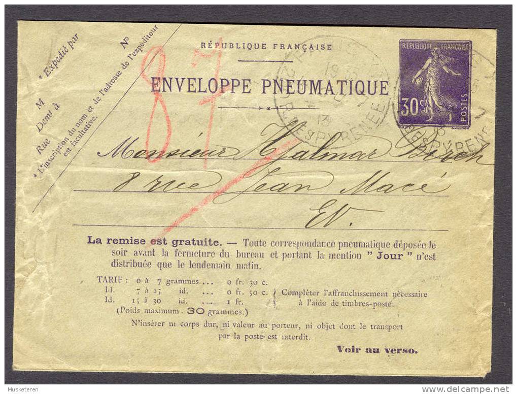 France Postal Stationery Ganzsache Entier Semeuse Pneumatique 1913 Paris XX Rue De Pyrenee Paris 87 Rue Voltaire - Pneumatische Post