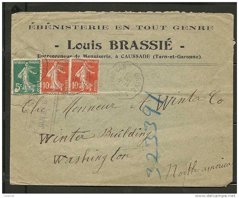 FRANCE - VF 1910 COVER From Louis BRASSIÉ A CAUSSADE - TARN-et-GARONNE To WASHINGTON - Type Semeuse Lignée - Storia Postale