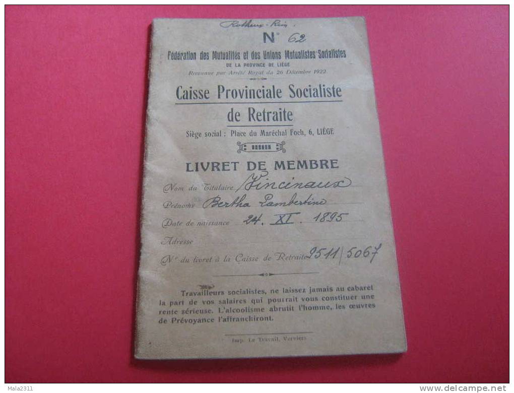 ANCIEN  LIVRET DE MEMBRE MUTUALITE SOCIALISTE 1926 - Historical Documents