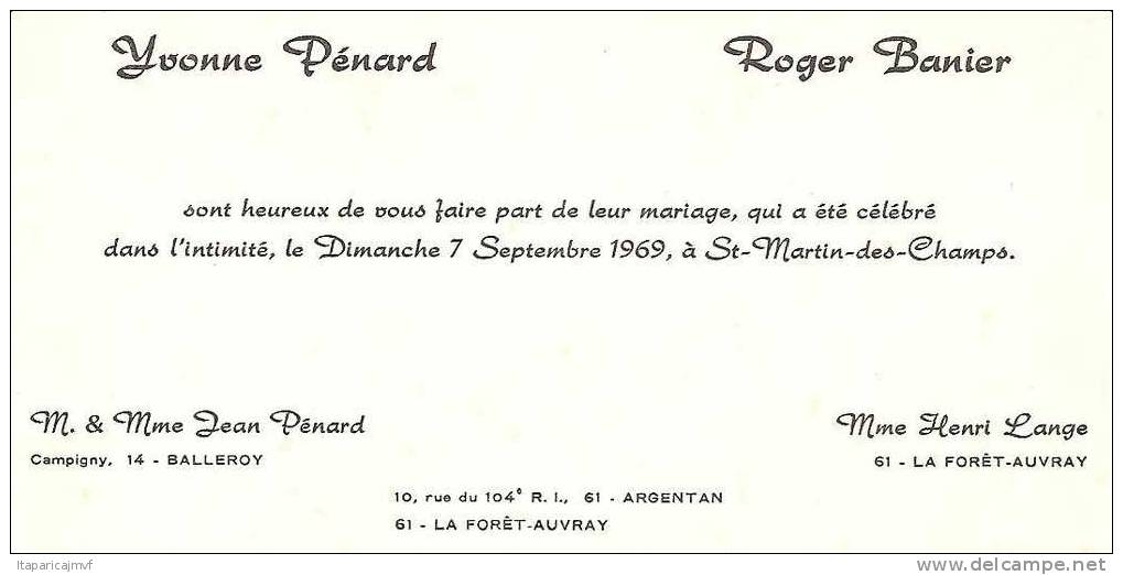 Vieux Papiers:  FAIRE PARTS  Mariage  1969   Du Coté De  Balleroy Et La Forêt-auvray  ( Argentan) - Autres & Non Classés