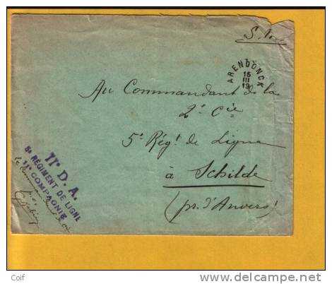 Brief Met Kiesbureelstempel ARENDONCK (noodstempel) Verzonden Naar "5°regiment De Ligne à Schilde" - Lettres & Documents