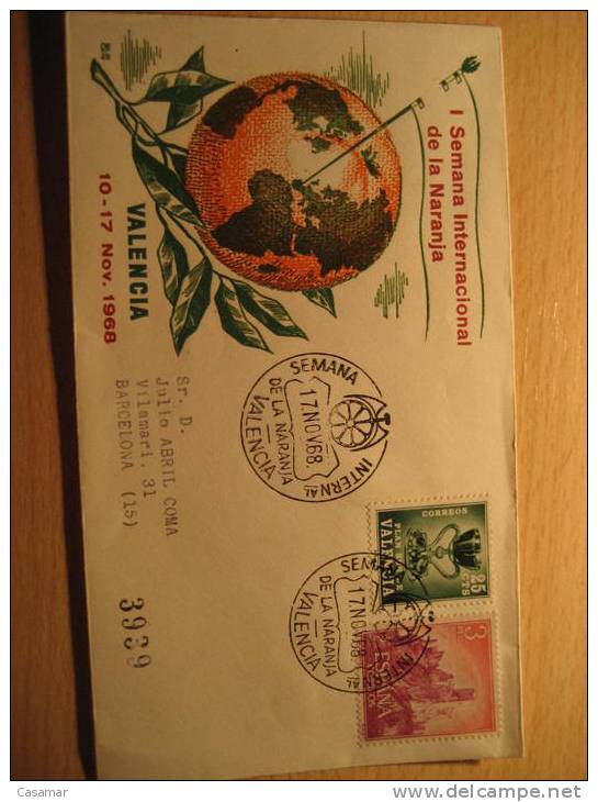 VALENCIA 1968 I Semana Int Naranja Orange Fruto Fruit Matasellos Especial Cancel Sobre Ilustrado Cach Cover Lettre - Brieven En Documenten