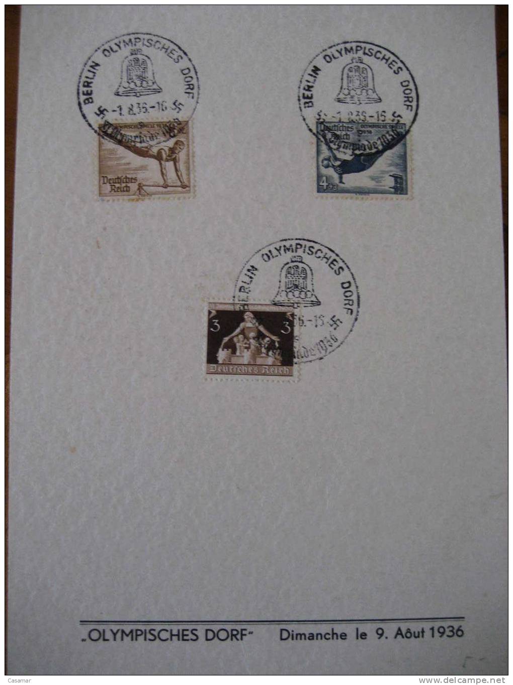 BERLIN 1936 Olympic Games Olympics Document Village Swastica Eagle 3 Stamps Gymnastics Plongeon Third Reich GERMANY - Sommer 1936: Berlin