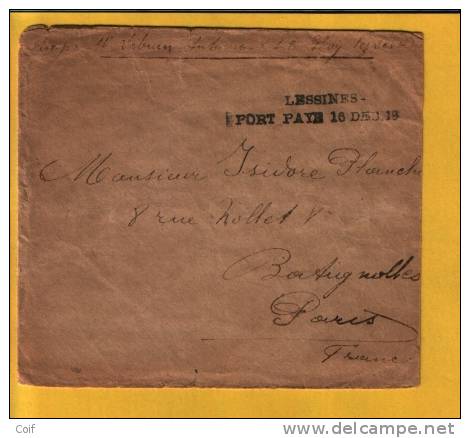 Brief Met Naamstempel LESSINES / PORT PAYE 16 DEC 18   (noodstempel) - Fortune Cancels (1919)