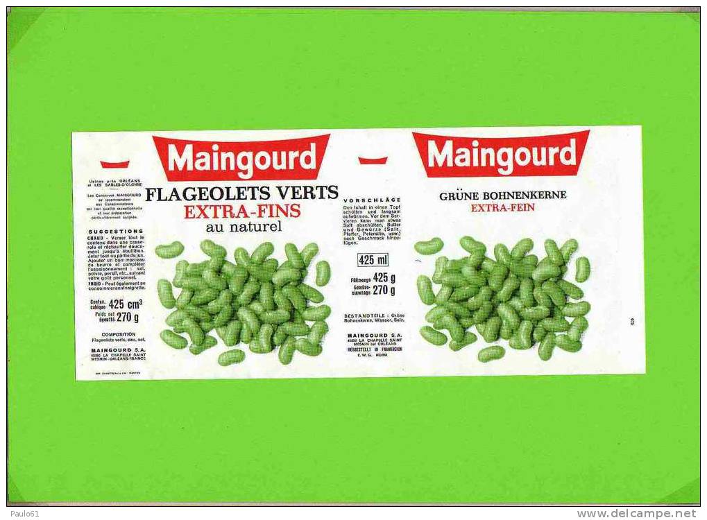 Etiquettes : FLAGEOLETS Verts Extra Fins  MAINGOURD 425G - Frutas Y Legumbres