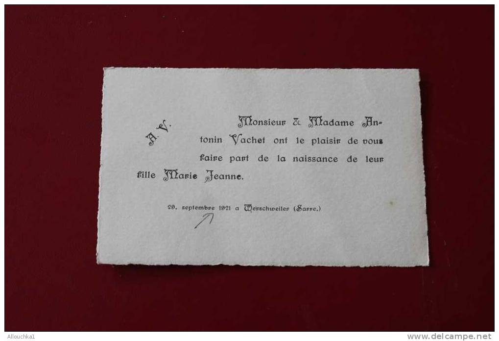 FAIRE PART  DE NAISSANCE CHAVE  29 SEPTEMBRE 1921 à WERSCHWEILER  DANS LA SAARE ALLEMAGNE - Altri & Non Classificati