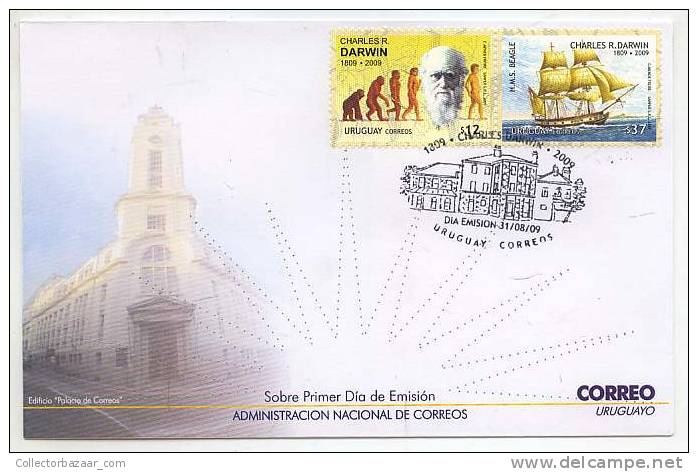 URUGUAY Charles Darwin Stamp FDC COVER Science Ship Ape FROG - Apen