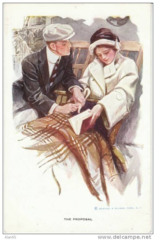 Harrison Fisher #186 'The Proposal', Romance, Woman Book, On C1920 Vintage Postcard - Fisher, Harrison