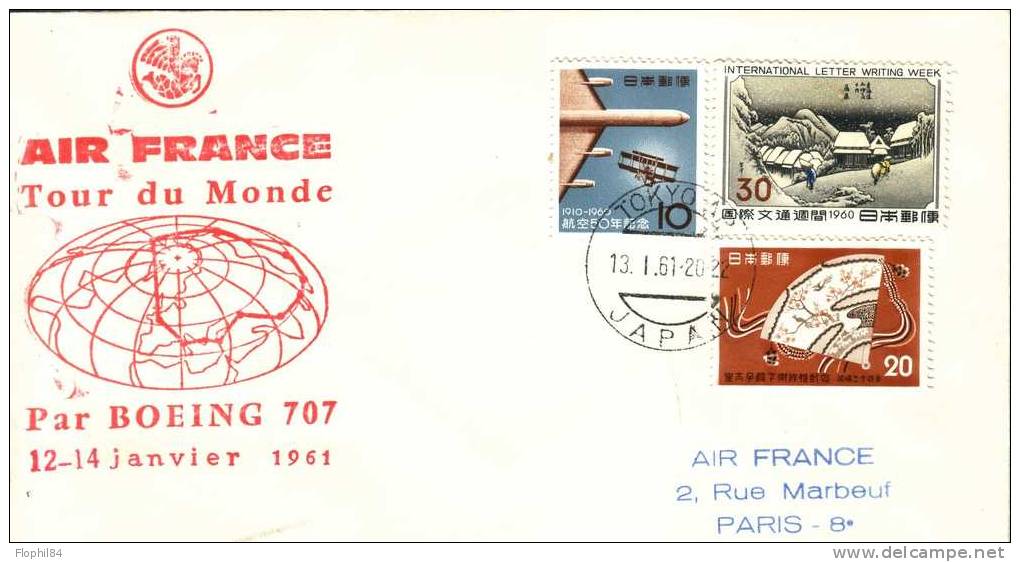 CHINE-POSTE AERIENNE-TOUR DU MONDE AIR FRANCE PAR BOING 707 12-14- JANVIER 1961 - Luftpost