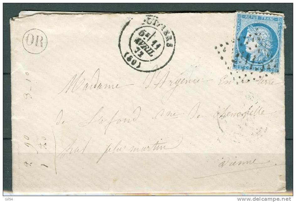 Yv N°60 Sur Lettre De Poitiers  ( Dpt 80 ) + OR ( Probablement Vouillé ) En 1872 Pour Pleumartin  - Lr121b - 1849-1876: Periodo Clásico