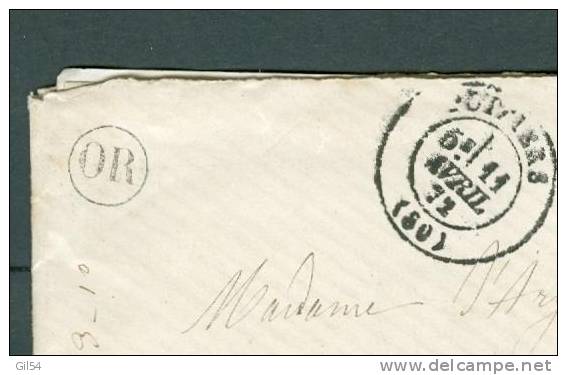 Yv N°60 Sur Lettre De Poitiers  ( Dpt 80 ) + OR ( Probablement Vouillé ) En 1872 Pour Pleumartin  - Lr121b - 1849-1876: Periodo Clásico