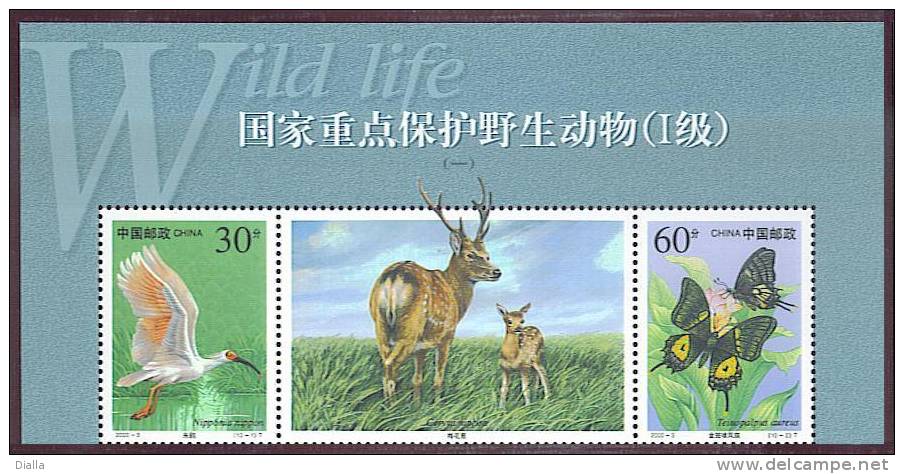 China 2000, Papillon - Butterfly / Crested Ibis Nippon / Cerf - Deer MNH ** - Ungebraucht