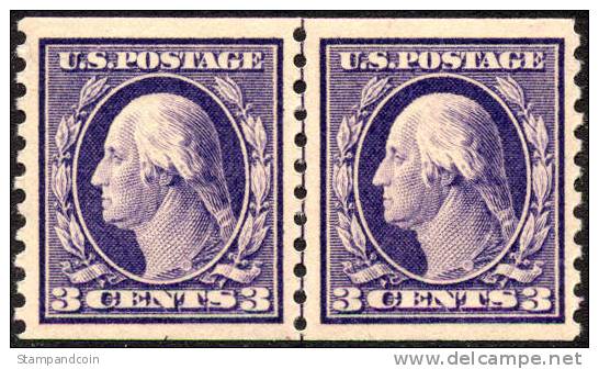 US #445 SUPERB Mint Hinged 3c Washington Coil Line Pair From 1914 - Coils & Coil Singles