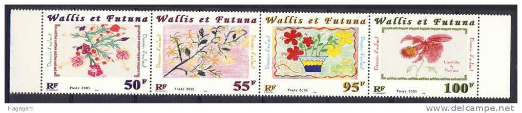 +Wallis & Fortuna 2001. Childrens Drawings: Flowers. Stripe Of 4. Yvert 550-53. MNH(**) - Ongebruikt