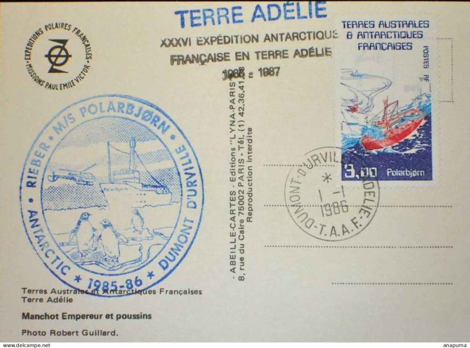 Carte Postale EPF. Cachet Polar Bjorn. Obl Dumont D'Urville 1-1-86. 2 Griffes. PEV.EPF. TAAF Terre Adélie - Lettres & Documents