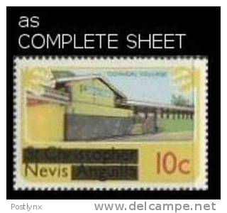 CV:&#8364;11.00 BULK:2 NEVIS 1980. Technical College 10c. OVPT:bars COMPLETE SHEET:50 Stamps - St.Kitts And Nevis ( 1983-...)
