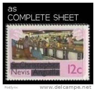 CV:&#8364;11.00 BULK:2 NEVIS 1980. TV Assembly Plant 12c. OVPT:bars COMPLETE SHEET:50 Stamps - St.Kitts-et-Nevis ( 1983-...)