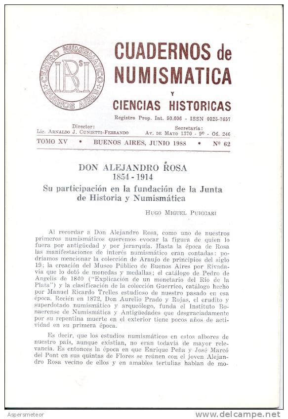 CUADERNOS DE NUMISMATICA Y CIENCIAS HISTORICAS. TOMO XV. BUENOS AIRES, JUNIO 1988, Nº 62 CUAC - Literatur & Software