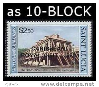 CV:&#8364;14.61 ST.LUCIA 1985. Treasury Bank House $2.50.OVPT:CARIBBEAN ROYAL VISIT-1985. 10-BLOCK  [Aufdruck,surimprimé - St.Lucia (1979-...)