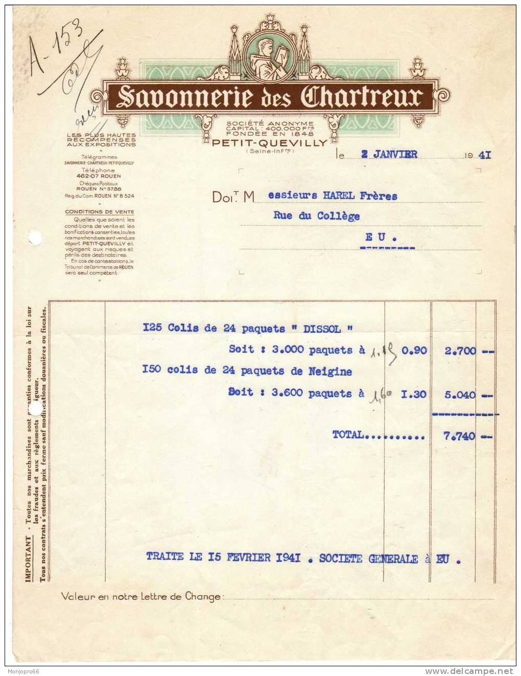 Facture De La Savonnerie Des Chartreux De Petit Quevilly Et De 1941 - Perfumería & Droguería