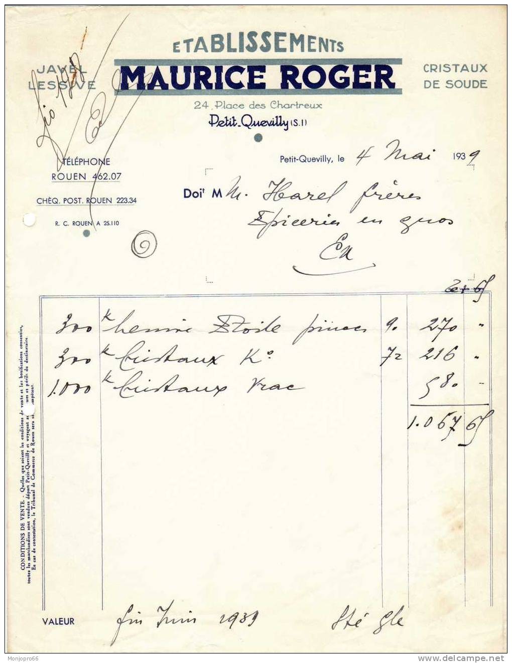 Facture Des Etablissements De Javel Lessive Cristaux De Soude MAURICE ROGER De Petit Quevilly Et De 1939 - Chemist's (drugstore) & Perfumery