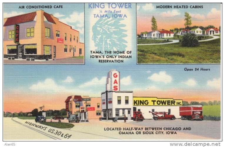 King Tower Service Station Lodging, Tama Iowa, On 1939 Vintage Curteich Linen Postcard, Tow Trucks Gas Pump Indian Motif - American Roadside