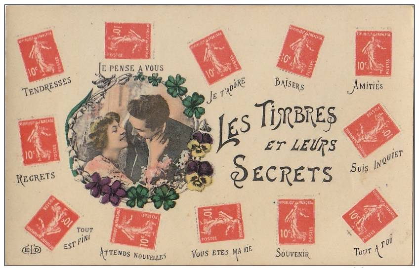 Belle  CPA  Les TIMBRES Et Leurs SECRETS  AMOUREUX Bonheur Chance TREFLE 4 Feuilles - Timbres (représentations)