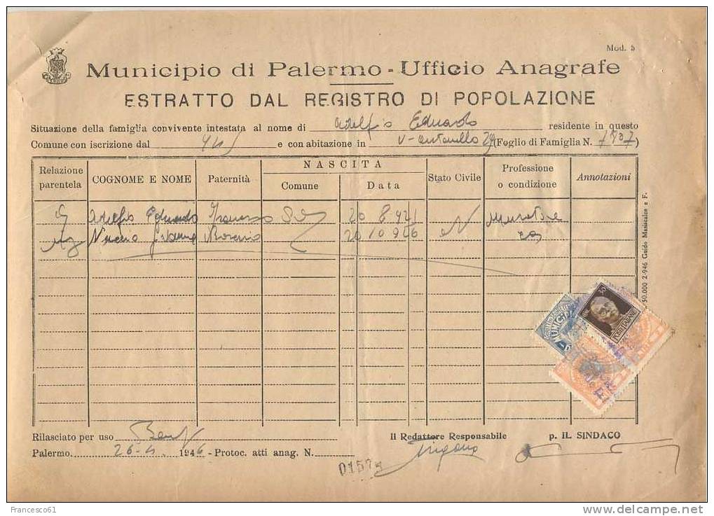 920) 1946 Imperiale 30c Luogotenenza Uso Fiscale Su Certificato Anagrafe - Marcophilie