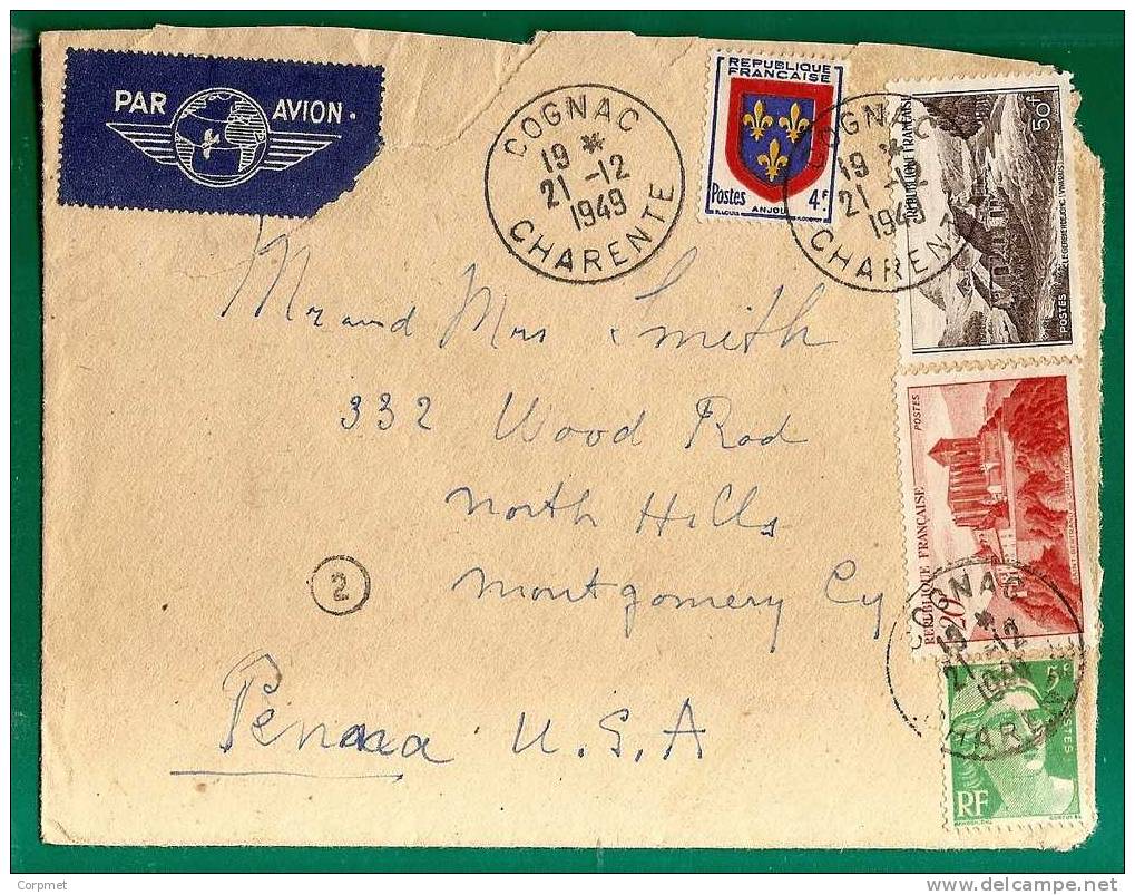 FRANCE - 1949 COVER From COGNAC To PENN, USA  - Marianne De GANDON  Yvert # 719 + 838+841A+843 - Lettres & Documents