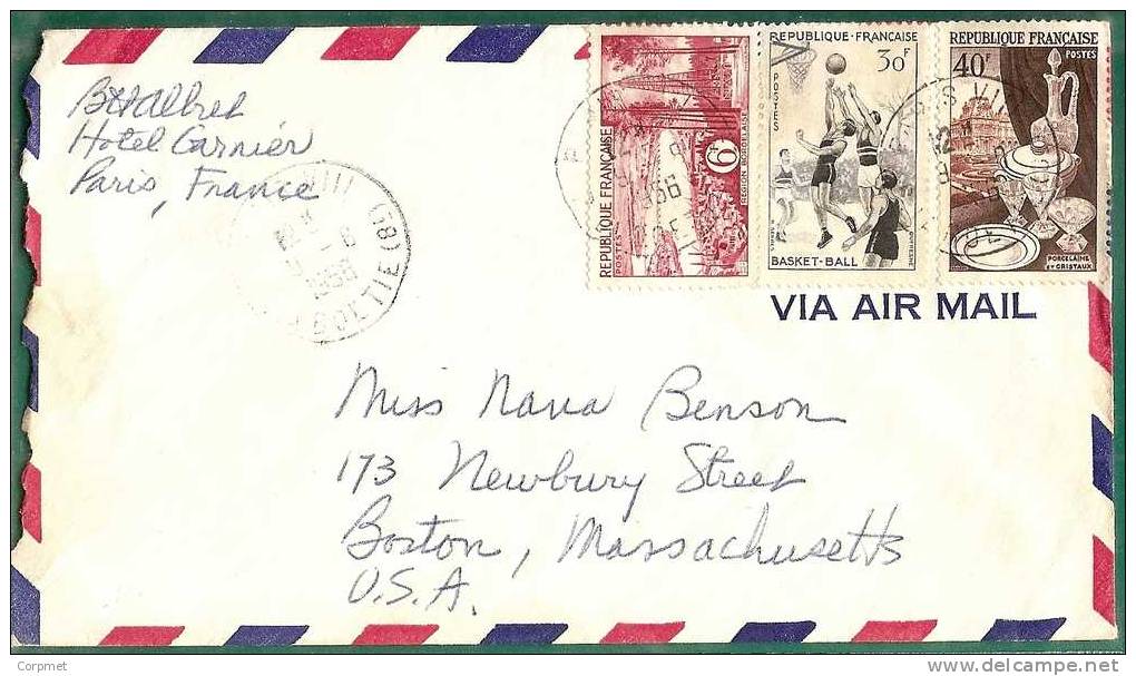 OIL Parentis Camps Yvert # 1036 - FRANCE - 1956 COVER From PARIS To BOSTON + Basquetball  # 1072 + Porcelaine #972 - Oil