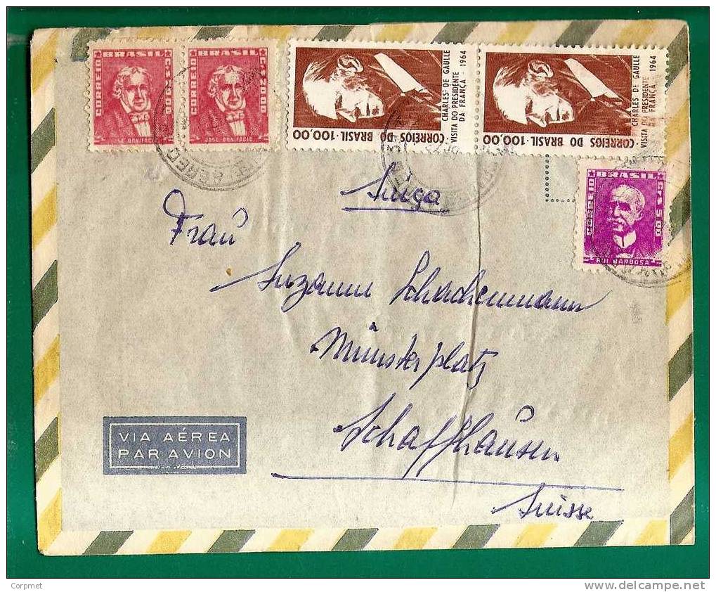 General CHARLES DE GAULLE - VF BRAZIL 1964 COVER With  5 STAMPS From RIO DE JANEIRO To SWITZERLAND - De Gaulle (General)
