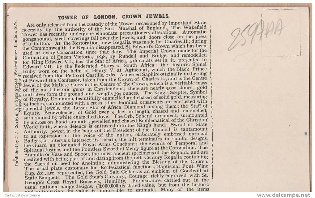 LONDON TOWER CROWN JEWELS LONDRES JOYAUX COURONNE Histoire History 1910s ¤ CORBYN ¤ ANGLETERRE ENGLAND ¤2597AA - Tower Of London