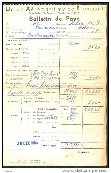 Feuille De Paye : Union Aéromaritime De Transport (Décembre 1954) Aéroport Du Bourget, M. Favriau, Contremaitre - Transportmiddelen