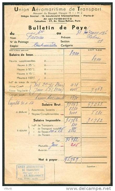 Feuille De Paye : Union Aéromaritime De Transport (Janvier 1954) Aéroport Du Bourget, M. Favriau, Contremaitre - Verkehr & Transport