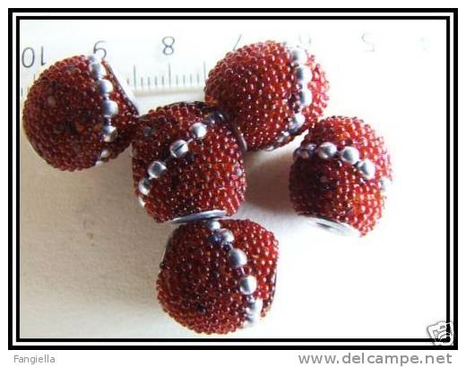 5 Perles Indiennes Rondes Gros Trou Rouge Env. 14x13mm - Pearls