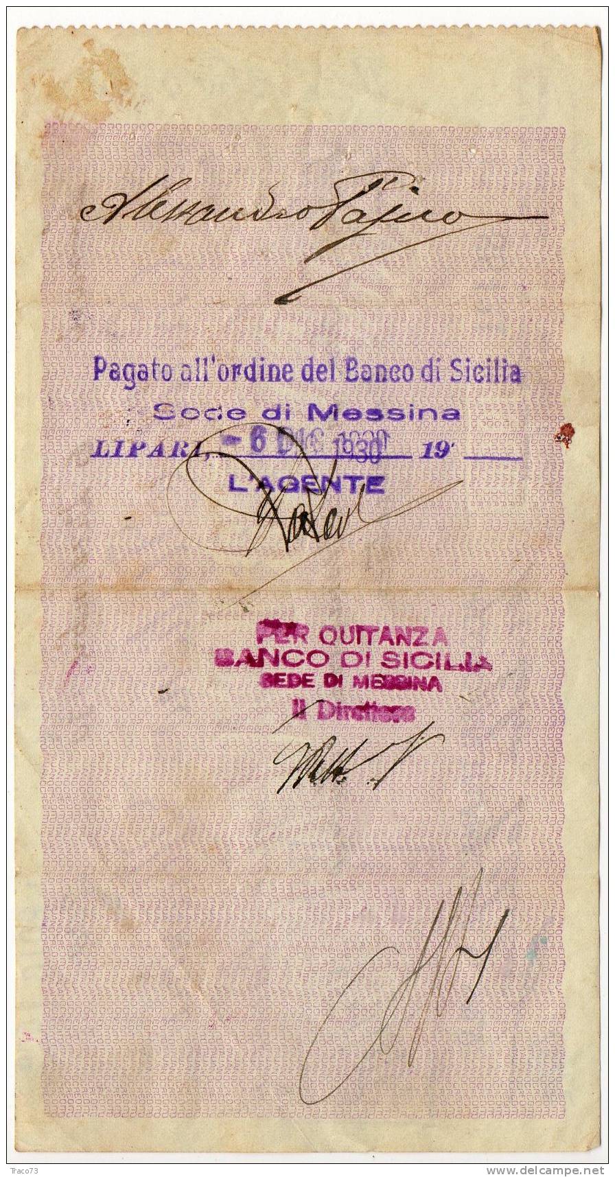 CREDITO ITALIANO - MESSINA EMISSIONE LIPARI  6 Dic. 1930 -  ASSEGNO BANCARIO / Lire 200 - Autres & Non Classés