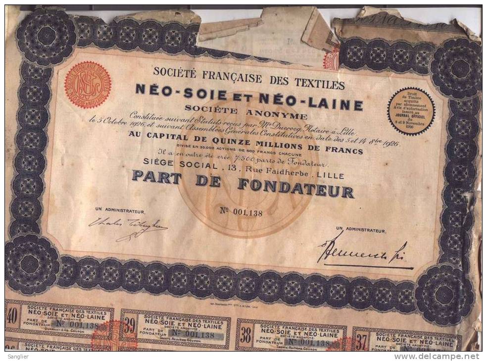 SOCIETE FRANCAISE DES TEXTILES - NEO-SOIR ET NEO-LAONE - PART DE FONDATEUR - S - V