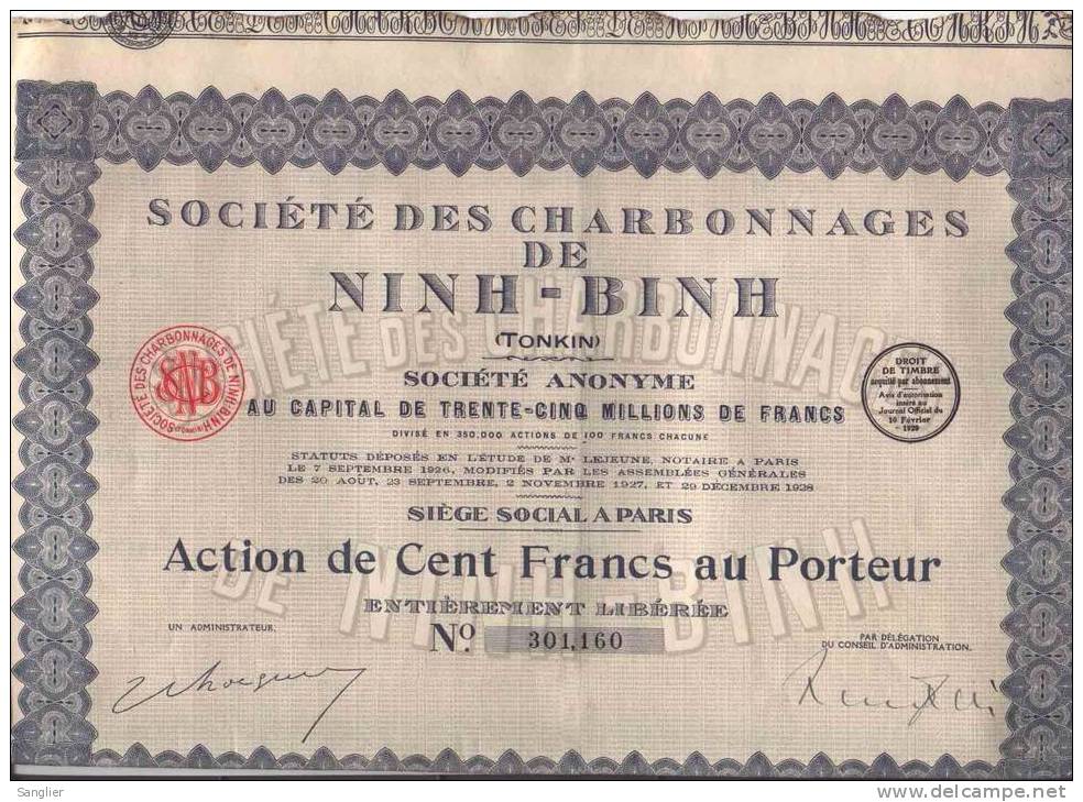 SOCIETE DES CHARBONNAGES DE NINH-BINH - TONKIN - ACTION DE CENT FRANCS AU PORTEUR - Mijnen