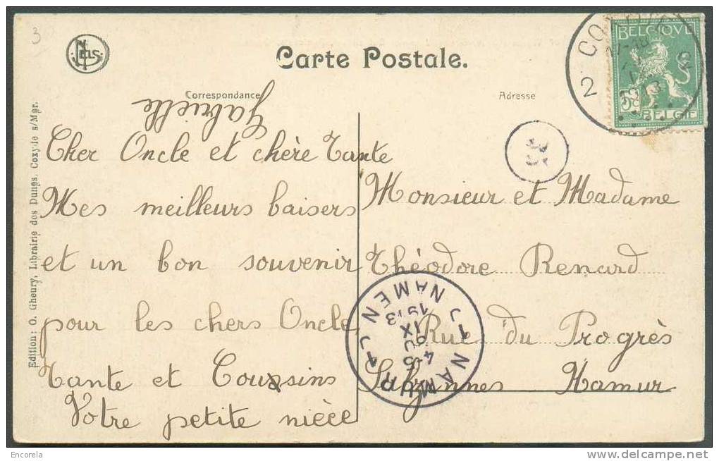 N°110 Sc Bureau Temporaire De Villégiature De COXYDE 2 Le 29/9/1913 S/C.V Vers Namur. - 4929 - 1912 Pellens