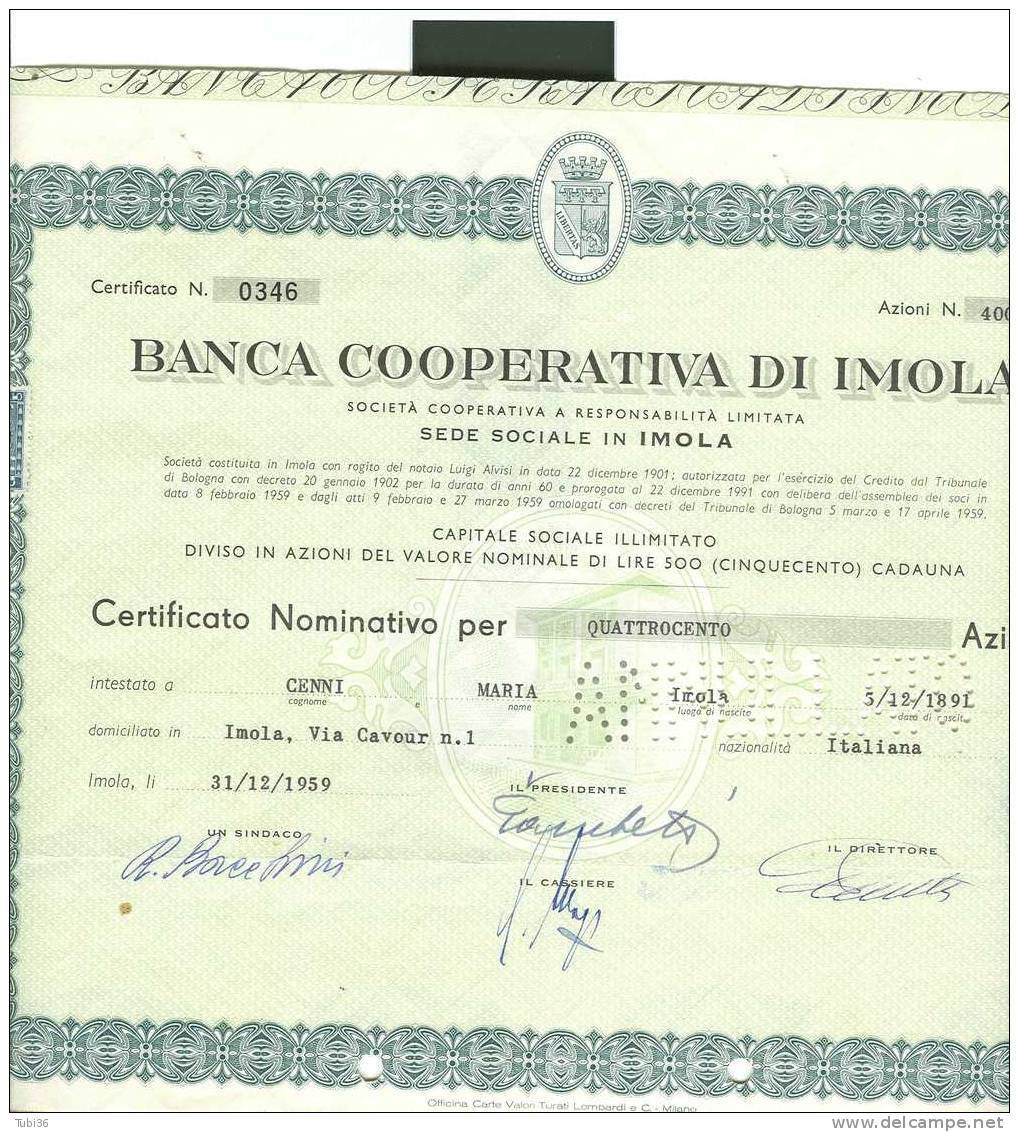 BANCA COOPERATIVA DI IMOLA - CERTIFICATO AZIONARIO - 1959 - CON CEDOLE DIVIDENDI - Banque & Assurance