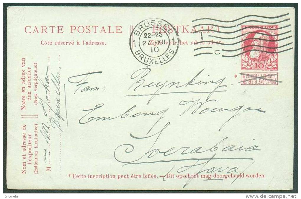 EP Carte 43 - 10 C. Grosse Barbe Obl. Méc. BRUXELLES 1 Du 27-XII-1910 Vers Soerabaja (JAVA) Bonne Destination - 4934 - Cartes Postales 1871-1909