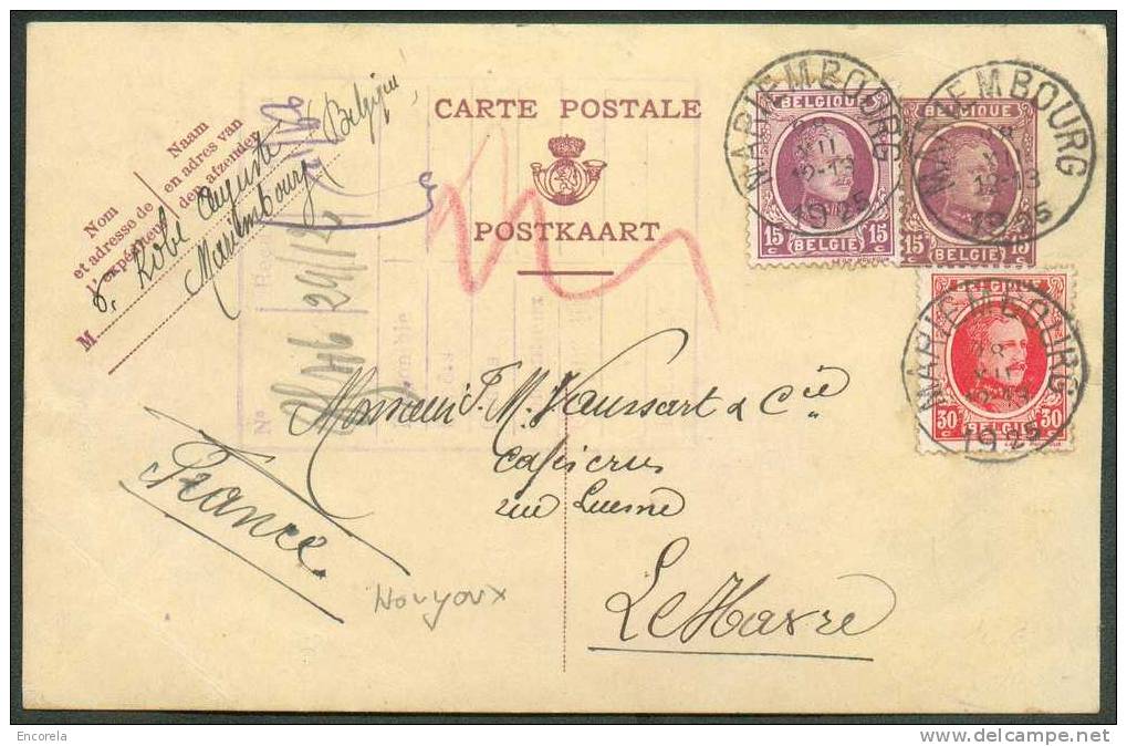 EP Carte Houyoux Avec Complément Obl. Sc MARIEMBOURG 28-XII-1925 Vers Le Havre.  TB - 4935 - Postcards 1909-1934