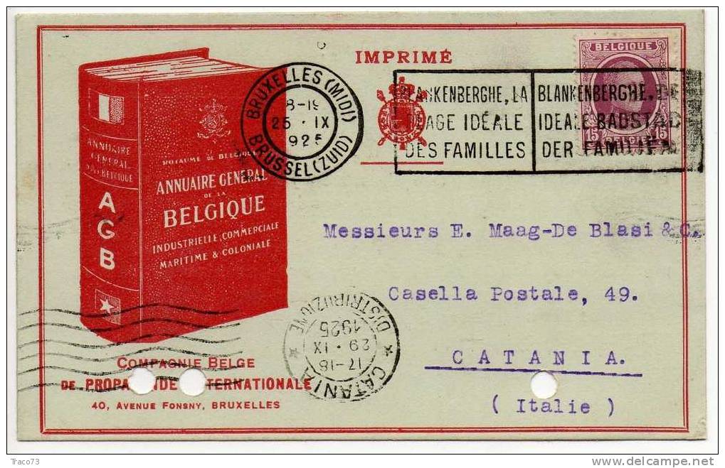 BELGIO - BRUXELLES / CATANIA (Italia) - 25.09.1925 - Storia Postale