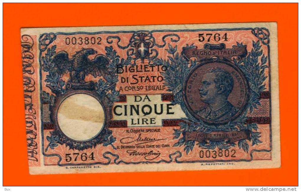 BANCONOTA DA LIRE 5  VITTORIO EMANUELE III  COME DA FOTO  CART 54 - Italia – 5 Lire