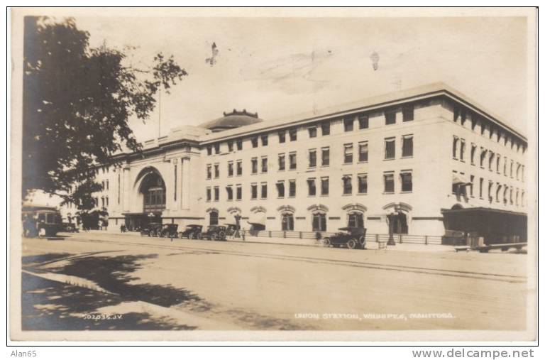 Union Station Railroad Depot, Winnipeg Manitoba Canada 1920s Vintage Real Photo Postcard, Autos - Winnipeg