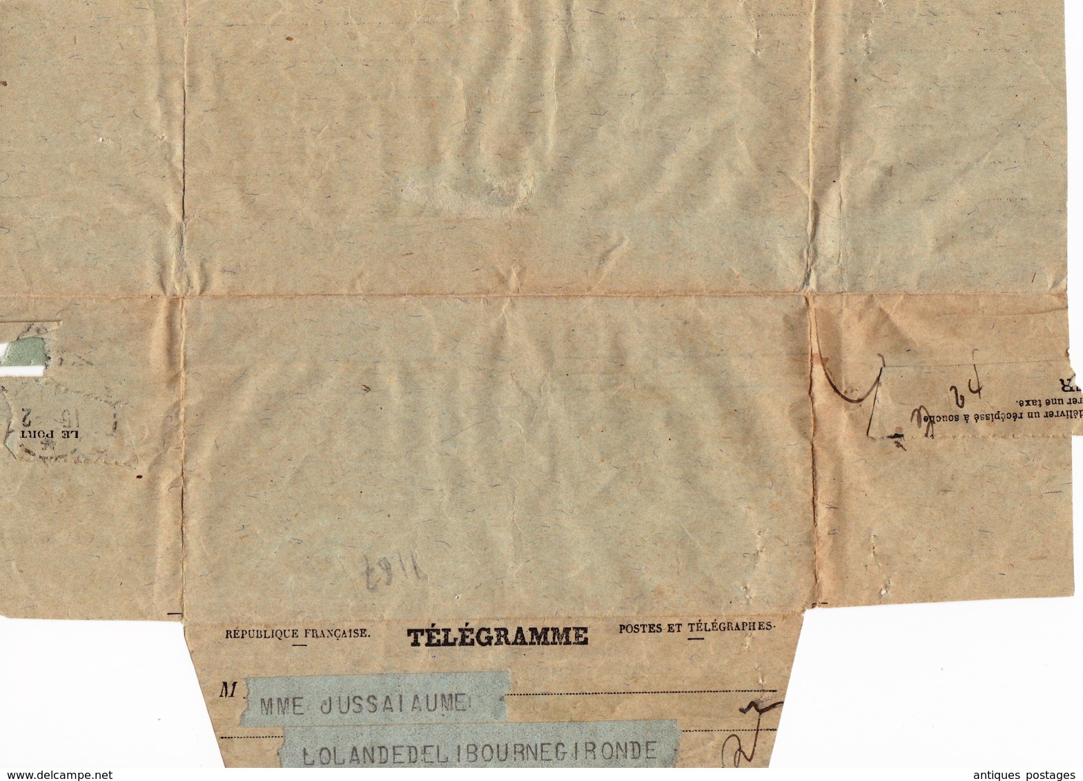 Libourne Gironde Télégramme 1919 - Telegramas Y Teléfonos