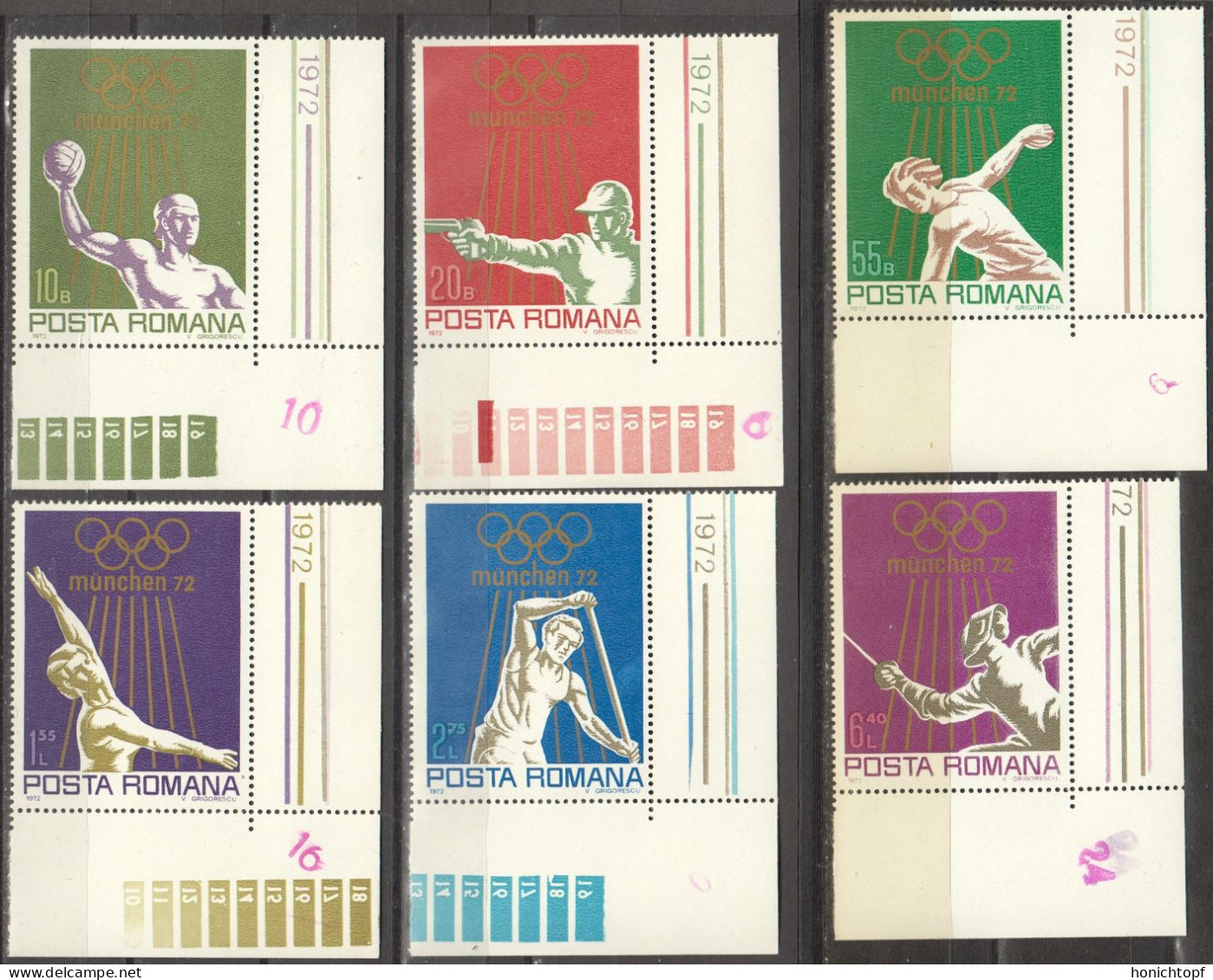 Rumänien; 1972; Michel 3035/40 **; Olimpische Sommerspiele München; Eckstück - Nuevos