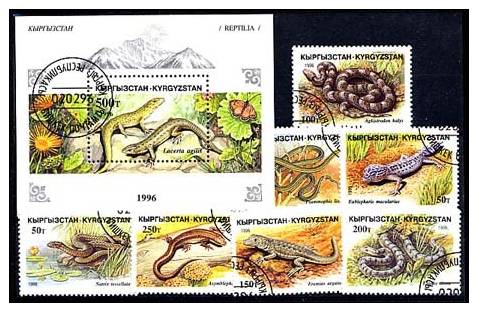 KIRGHIZISTAN 1996, REPTILES, BATRACIENS, 7 Valeurs + 1 Bloc, Oblitérés / Used. R599 - Kirghizistan